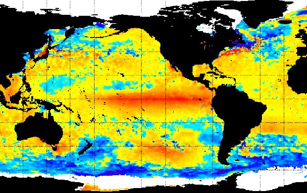 Mancha vermelha em mapa de temperaturas anômalas mostra extensão do El Niño 2015/16 (Foto: NOAA)