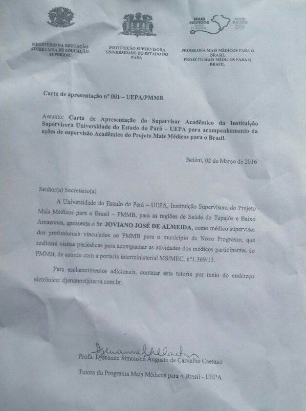 Documento que o Jornal Folha do Progresso teve acesso - indica Joviano para chefe dos Mais Médicos.