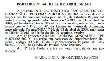 Portaria da exoneração de Adaías Cardoso Gonçalves