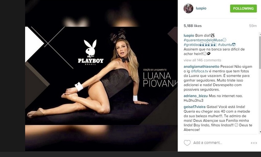 lançamento da nova "Playboy", posou como coelhinha da revista e ganhou elogios de seus seguidores.