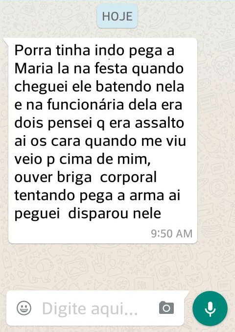 Texto enviado pelo WhatsApp pelo policia que atirou em Leandro.