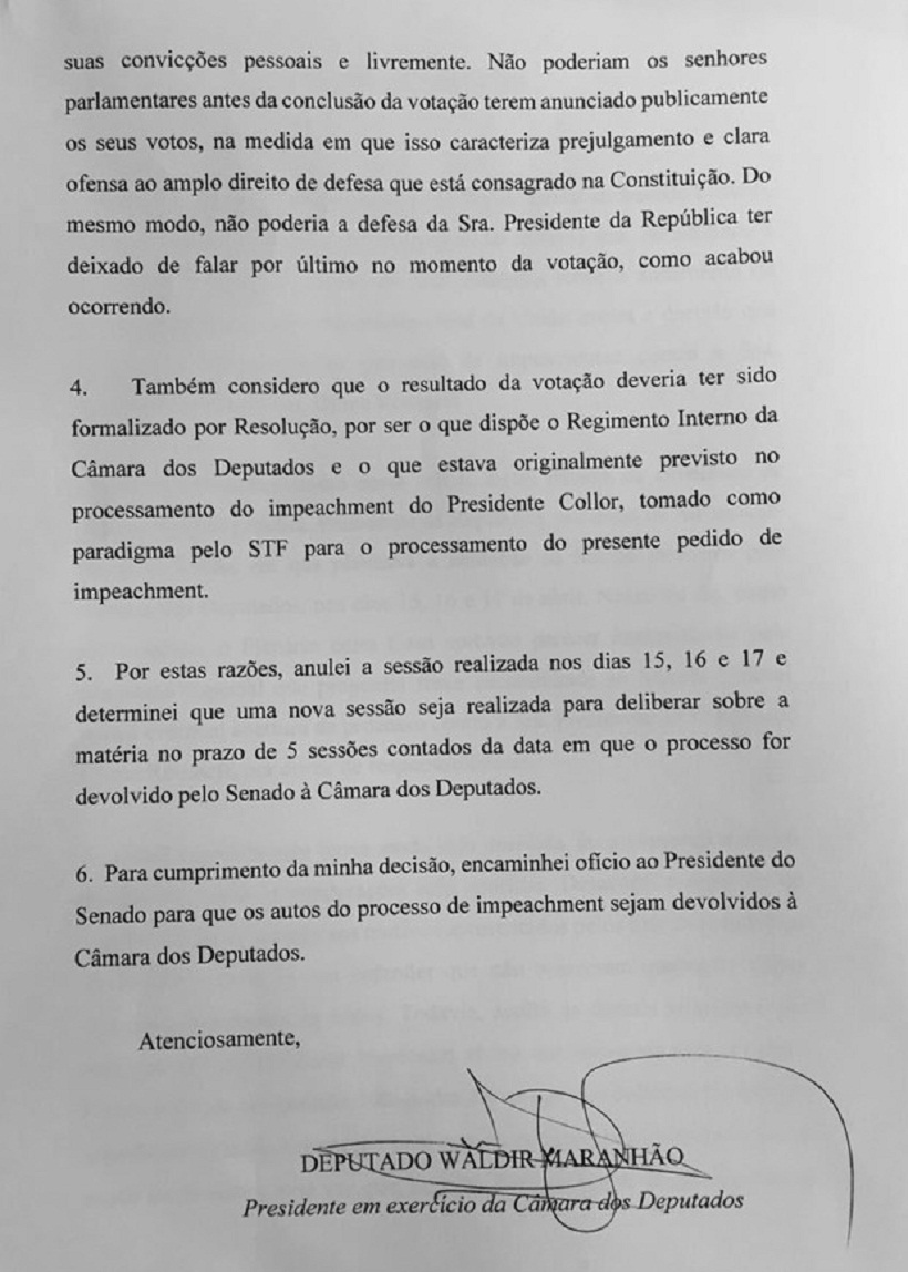 Ato do presidente em exercício da Câmara que anula a votação do processo de impeachment na Câmara (Foto: Reprodução)