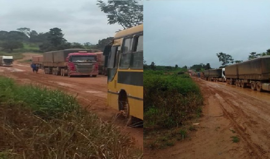 Ônibus escolar impedido de trafegar por conta de caminhões parados na rodovia BR 163(Foto:Reprodução rede sociais)