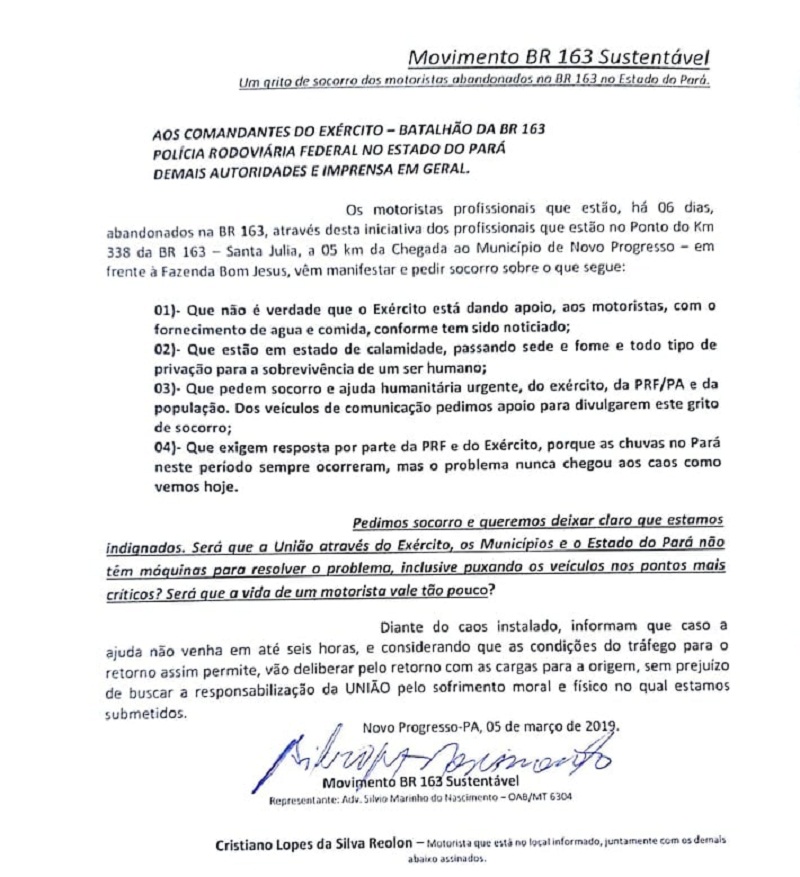 Reivindicações do movimento(Foto:Divulgação) Documento enviado para as autoridades do Pará (Foto: Leitor)