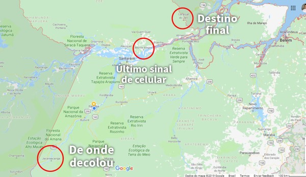  Mapa mostra pontos de decolagem, de onde foi rastreado o último sinal do celular e do destino final da rota de voo — Foto: Reprodução/Redes Sociais