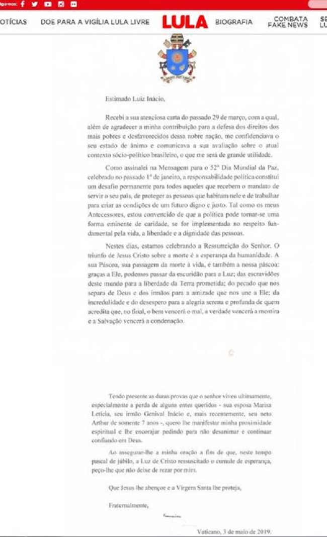 Papa Francisco enviou carta para ex-presidente Luiz Inácio Lula da Silva Foto: Reprodução