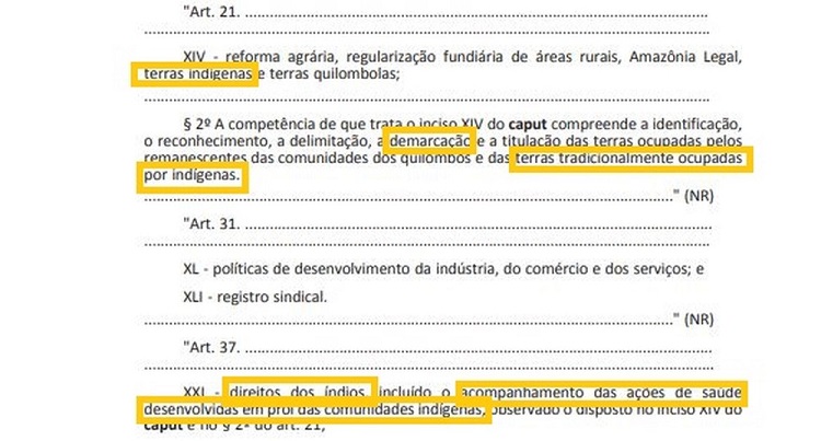  Trecho de MP que transfere a competência da demarcação de terras indígenas para o Ministério da Agricultura — Foto: Reprodução/Imprensa Nacional