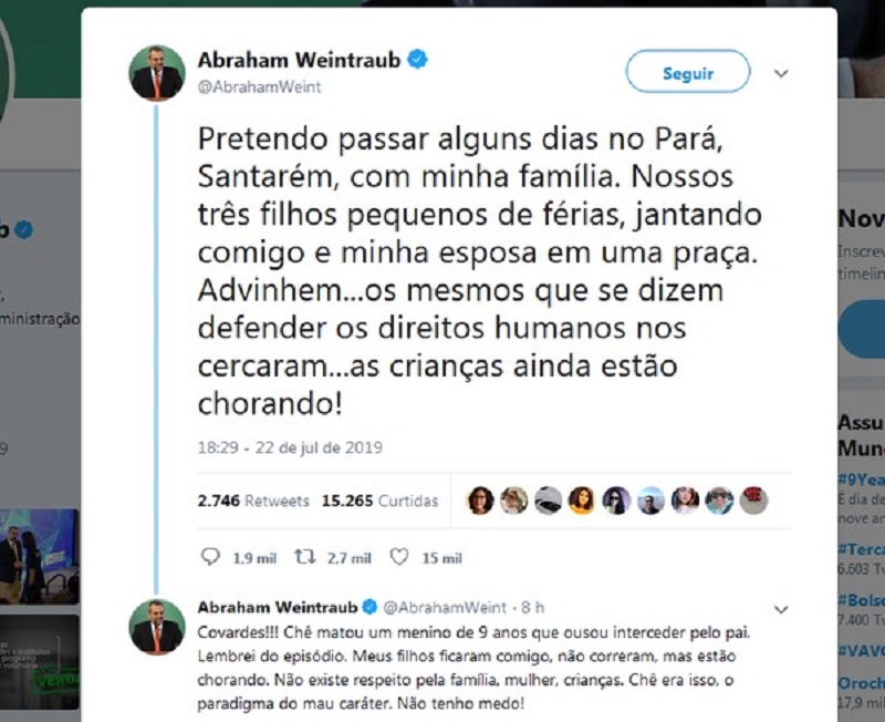 Ministro da Educação, Abraham Weintraub, critica manifestantes que o abordaram em Alter do Chão (PA) — Foto: Reprodução