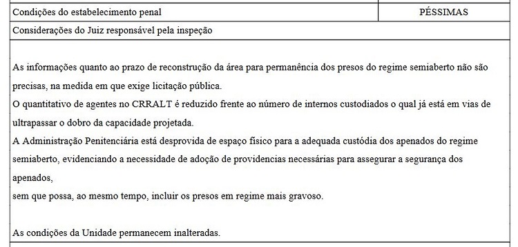 Trecho de relatório do CNJ sobre presídio onde houve rebelião em Altamira — Foto: Reprodução/G1