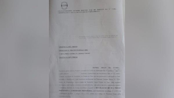 Pedido feito à Justiça de Pernambuco para colocar em liberdade Daniel Rego da Cunha — Foto: Geovane Brito/G1