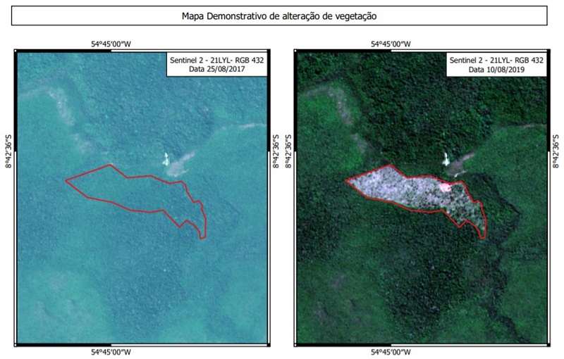 Imagem de satélite mostra supressão de vegetação nativa, fato comprovado em campo. Imagem: Reprodução.