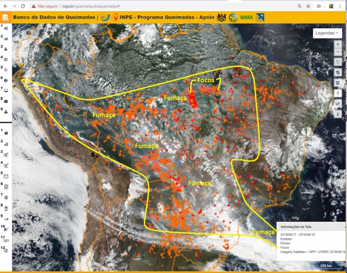 Imagens de satélite mostram caminho da fumaça da Amazônia para o Sudeste e Sul do País. Cada cruz é um foco. Crédito: Programa Queimadas / Inpe