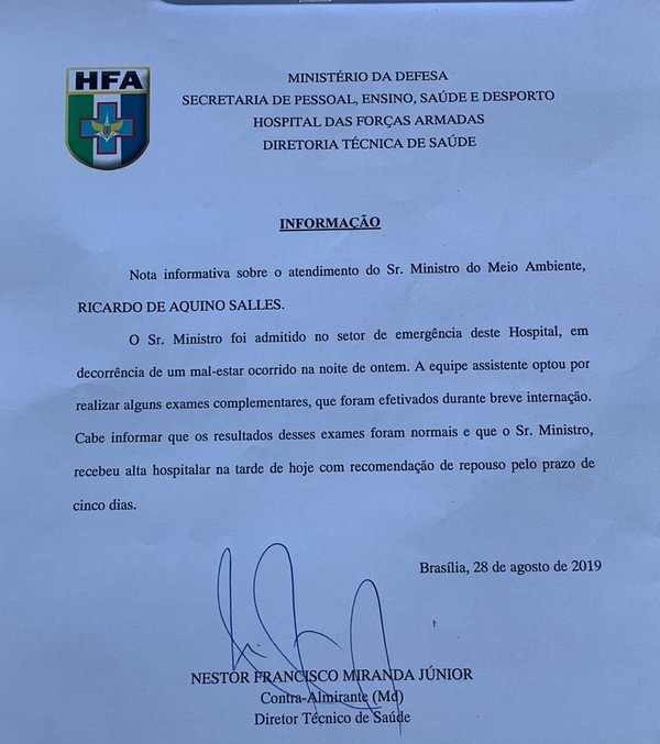 Documento de alta do Ministro Ricardo Salles, do Meio Ambiente, após internação no Hospital das Forças Armadas, no DF — Foto: Reprodução 