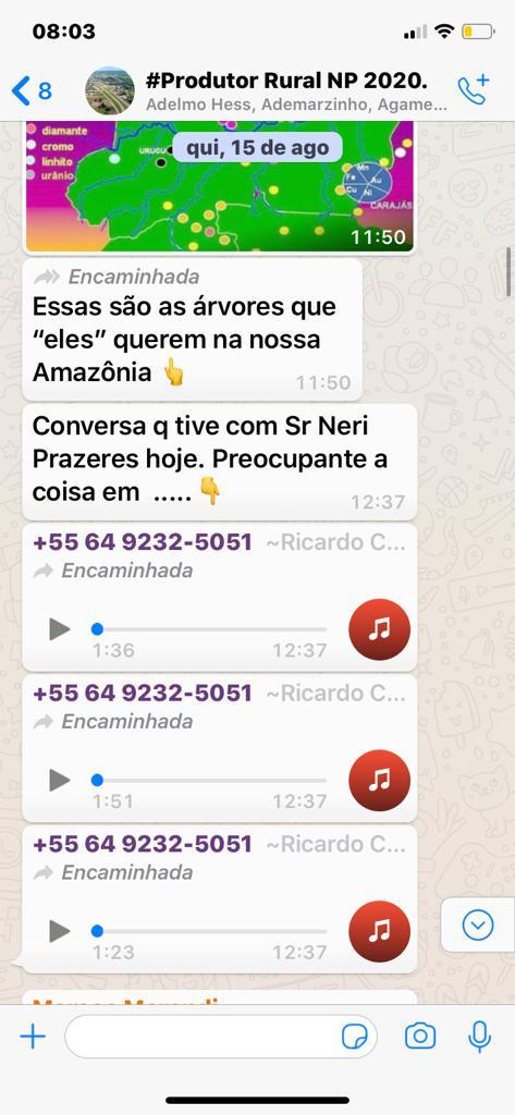 Áudio entre Neri e Ricardo foi postado no Grupo "Produtor RuralNP2020". (Reprodução)