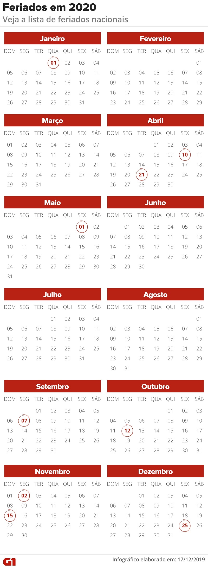  Calendário de feriados de 2020 — Foto: Arte G1