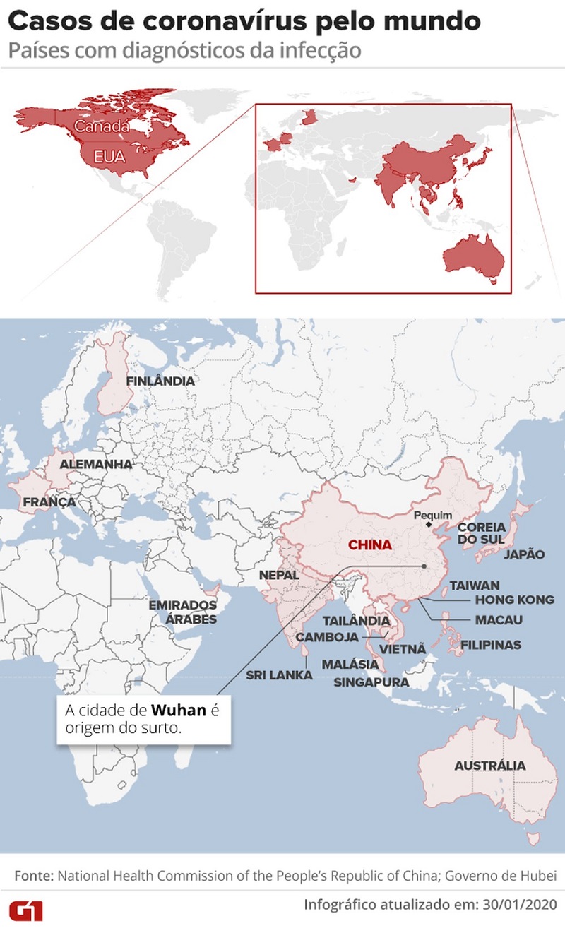  Casos de coronavírus pelo mundo – 30/01 – 11h — Foto: Arte G1 