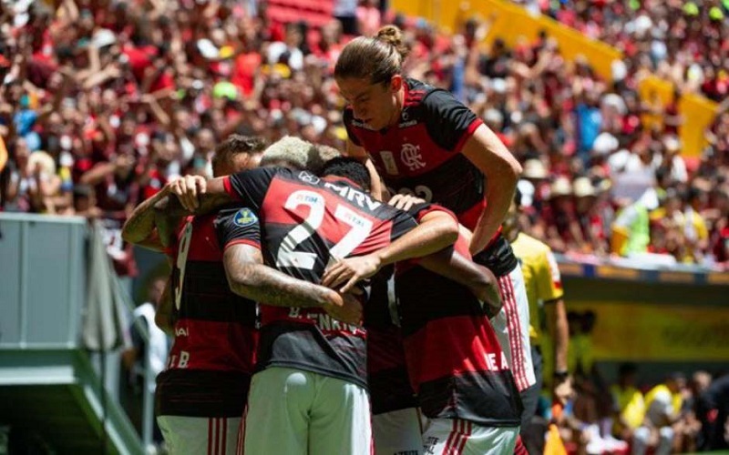 Jogadores do Flamengo comemoram mais um gol no Mané Garrincha (Foto: Alexandre Vidal / Flamengo)
