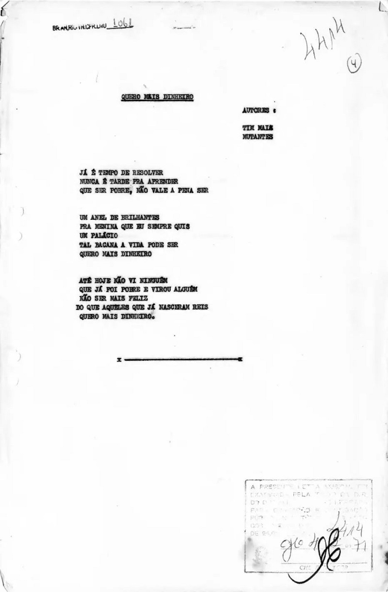 Letra da paródia feita por Tim Maia e Os Mutantes Letra da paródia feita por Tim Maia e Os MutantesLetra da paródia feita por Tim Maia e Os Mutantes - Divulgação/Arquivo Nacional