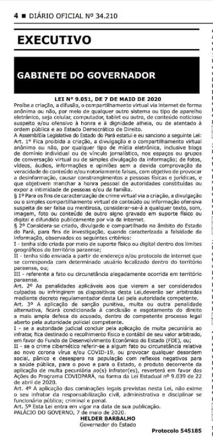  Projeto de Lei no Pará estabelecia multa para fakenews, mas cláusulas causaram discussão sobre liberdade de expressão. — Foto: Reprodução/Diário Oficial do Pará