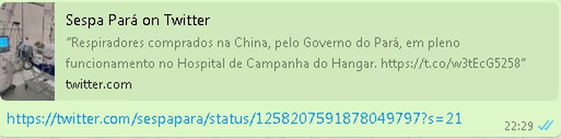  Tweet da Sespa afirmou que respiradores estariam funcionando. — Foto: Reprodução