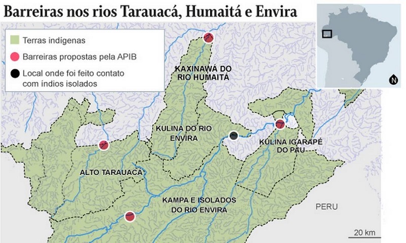 Mapa apresentado no relatório da Apib aponta para locais que necessitam de barreiras sanitárias (em vermelho) em áreas de povos isolados na Amazônia Foto: Reprodução