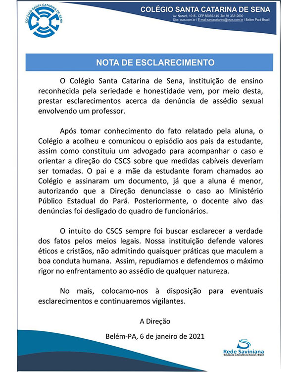 Comunicado divulgado pelo colégio. Reprodução  