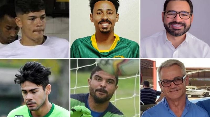Vítimas do acidente aéreo que levava parte da delegação do Palmas Futebol e Regatas, do topo esquerdo, em sentido horário: o atacante Marcus Molinari, o lateral-esquerdo Lucas Praxedes, o empresário Lucas Meira, o piloto Wagner Machado, o goleiro Ranule e o zagueiro Guilherme Noé — Foto: XV de Jaú/Divulgação; Caldense/Divulgação; Reprodução