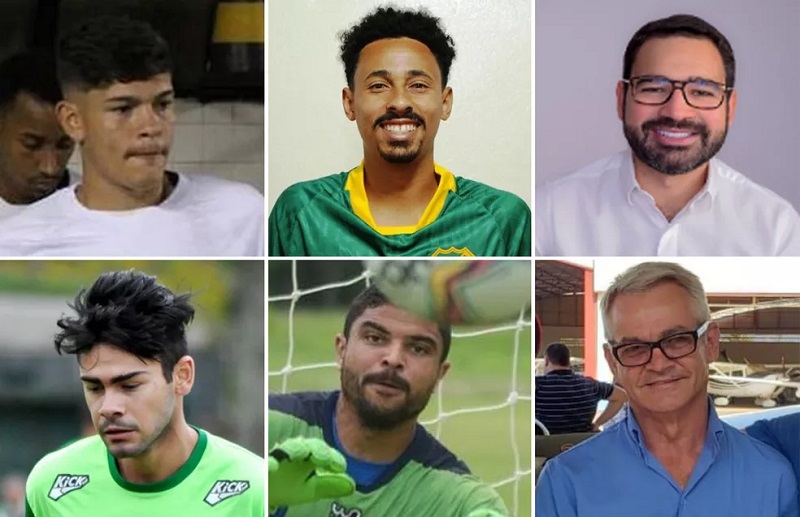 Vítimas do acidente aéreo que levava parte da delegação do Palmas Futebol e Regatas, do topo esquerdo, em sentido horário: o atacante Marcus Molinari, o lateral-esquerdo Lucas Praxedes, o empresário Lucas Meira, o piloto Wagner Machado, o goleiro Ranule e o zagueiro Guilherme Noé — Foto: XV de Jaú/Divulgação; Caldense/Divulgação; Reprodução