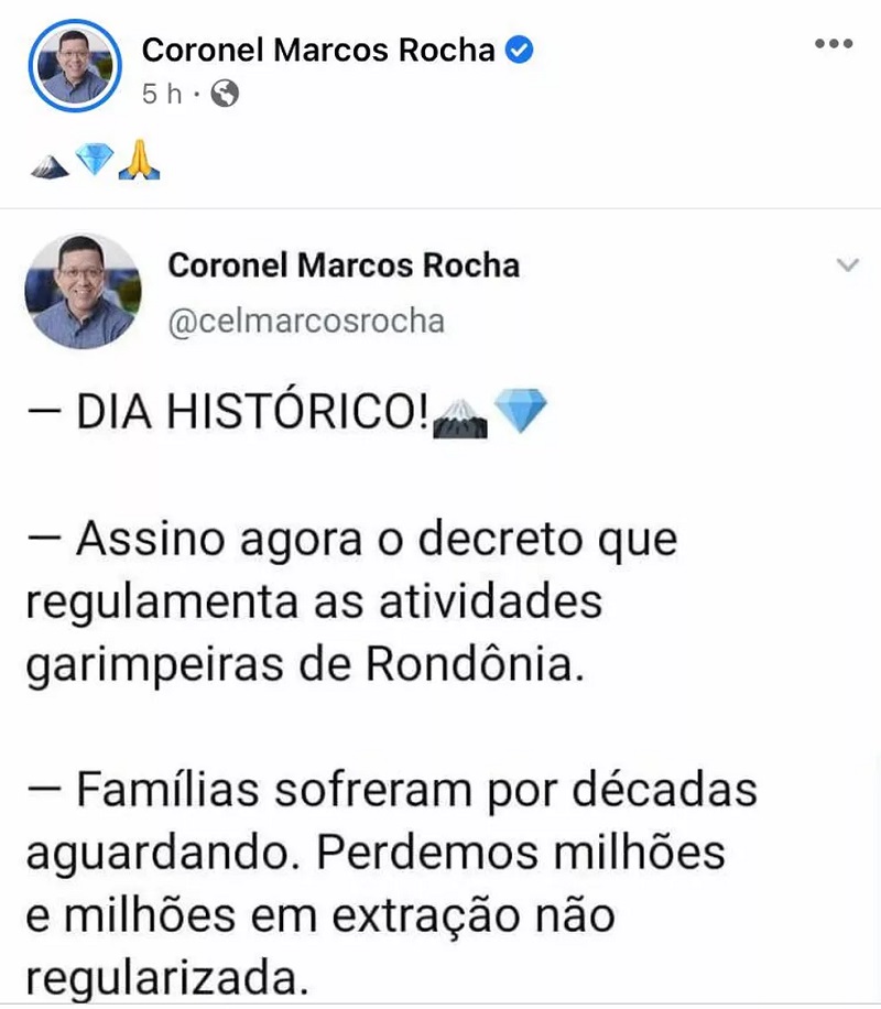 Marcos Rocha comemora regulamentação de atividades garimpeiras em Rondônia — Foto: Reprodução/Facebook