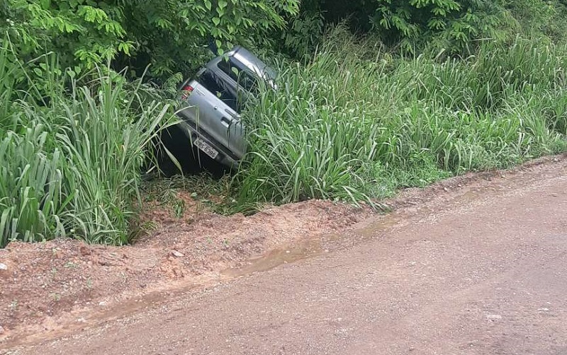 A reportagem encontrou o veículo fora da pista e dentro da vegetação ao lado da rodovia.  (Foto:Jornal Folha do Progresso)