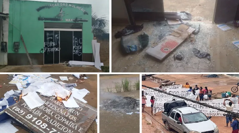 Os suspeitos destruíram a fachada e quebraram móveis do prédio | Reprodução/WhatsApp