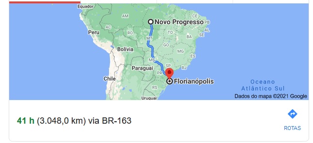  Distância em linha reta: 2386 Km. Distância por estradas: 3079 Km até a cidade de Florianópolis em Santa Catarina...(Google)