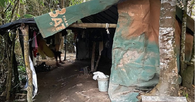 No barraco de lona, filhos de Gisele ficavam ao lado de embalagens de agrotóxico, motosserra e galões de óleo diesel (Foto: Ministério Público do Trabalho)