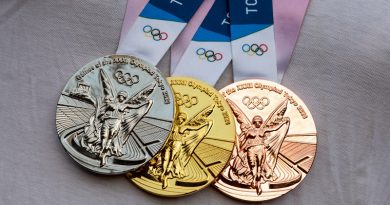 April 17, 2021 Tokyo, Japan. Gold, silver and bronze medals of the XXXII Summer Olympic Games in Tokyo on the chest of the athlete.