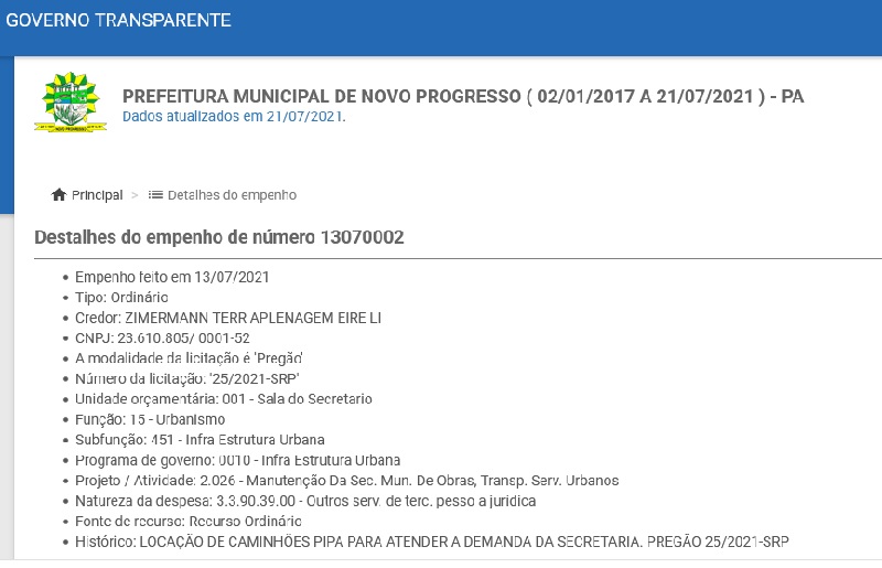 Empresa responsável pelos caminhões pipas. (Fonte:Portal da Transparencia)