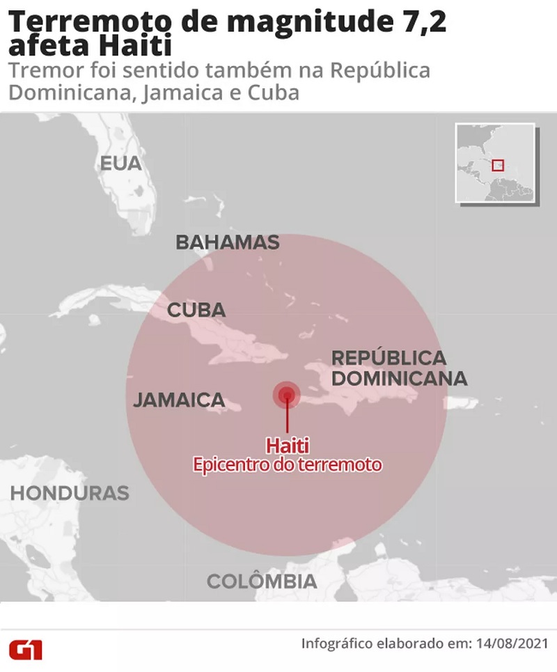 Terremoto de magnitude 7,2 afeta Haiti. — Foto: Fernanda Garrafiel / Arte G1 