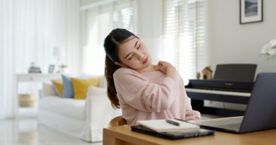 Attractive beautiful young asia female feel tired overworked negative impact health life stretching for break time relax stress relief in concept problem work remotely from home or burnout syndrome.