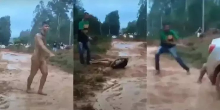 Homem é amarrado com corda no pescoço e arrastado na lama durante evento;(Foto:Reprodução)