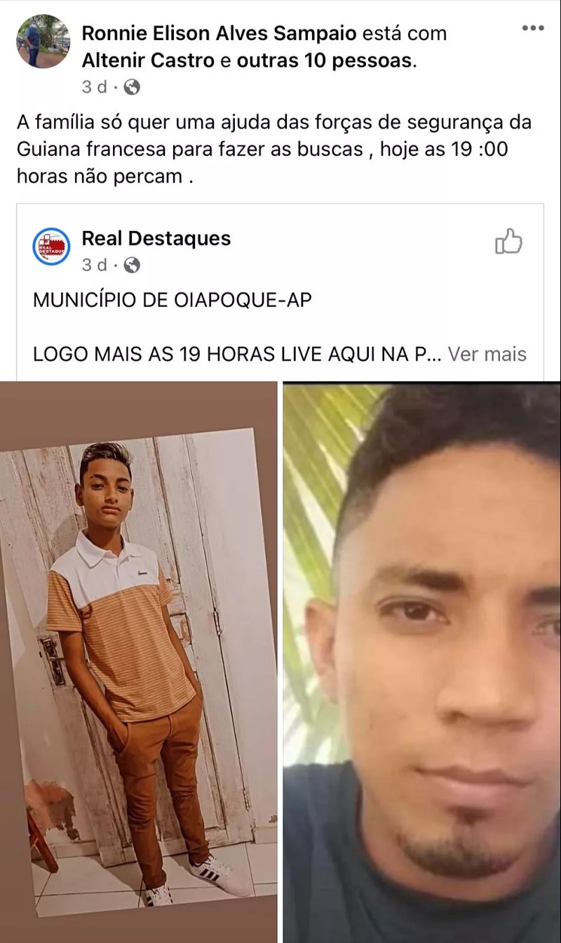  Homem e adolescente de 13 anos foram encontrados após 25 dias desaparecidos na Guiana Francesa — Foto: Reprodução/Redes Sociais