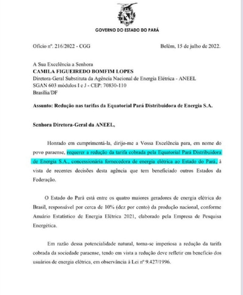 Governo do Pará enviou ofício à Aneel requerendo inclusão do Pará na revisão tarifária (Reprodução / Twitter)