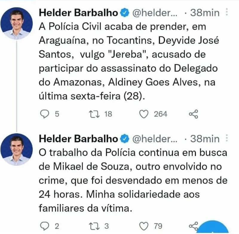 Govenador do Pará anuncia prisão de suspeito de assassinar delegado da Polícia Civil do Amazonas — Foto: Reprodução/Twitter 