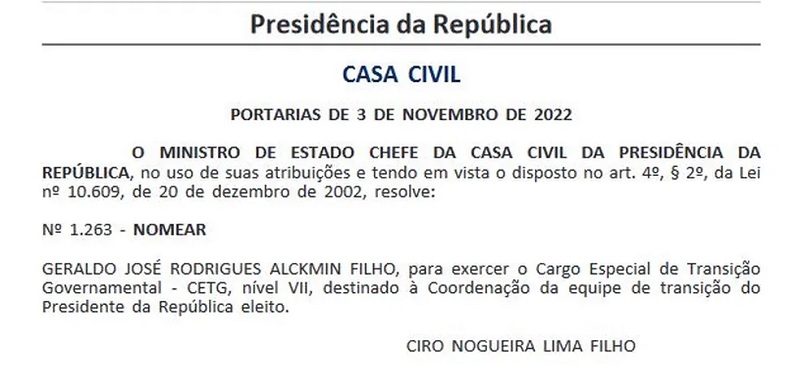 A nomeação de Alckmin foi publicada na edição desta sexta do "Diário Oficial da União (DOU).