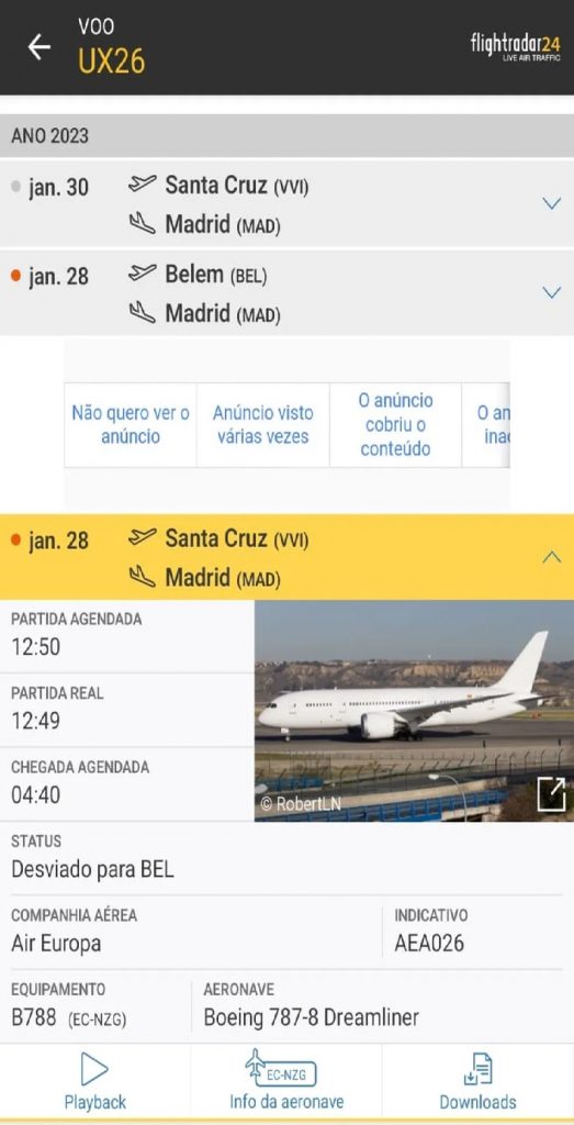 Avião ia direto da Bolívia para Espanha, mas fez desvio no Pará — Foto: Flight Radar 24/Reprodução