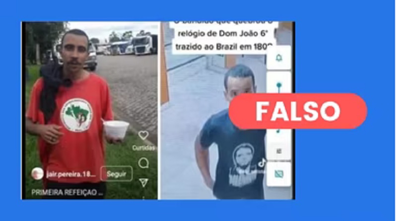 É falso que um militante do Movimento dos Trabalhadores Rurais Sem Terra (MST) seja o homem que aparece em imagens divulgadas no dia 15 pelo Fantástico, da Rede Globo, quebrando o relógio de Balthazar Martinot, trazido ao Brasil por Dom João VI, durante a invasão de golpistas em 8 de janeiro no Palácio do Planalto. Diversas postagens nas redes sociais afirmam que um jovem que usa a camisa do MST seria o vândalo mostrado no vídeo de câmera de segurança. Um perito que analisou as imagens a pedido do Estadão Verifica apontou diferenças visíveis entre as duas pessoas. Além disso, o MST informou que o rapaz é estudante no Paraná e que a Polícia Federal descartou envolvimento dele no ato de vandalismo. (Foto:Estadão)