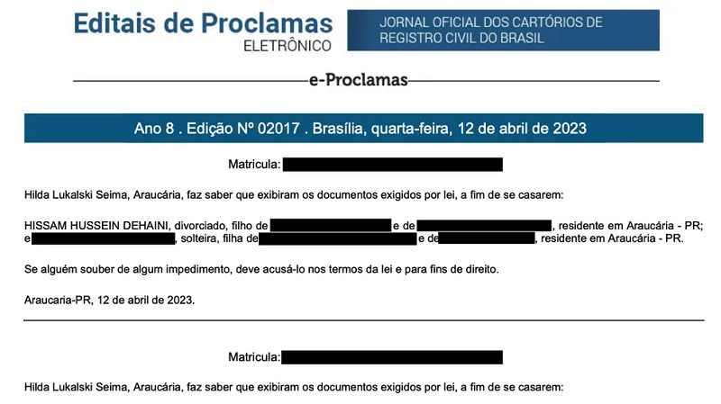 Proclamas: documento mostra que vice-prefeita oficializou casamento entre prefeito e adolescente de 16 anos — Foto: Reprodução