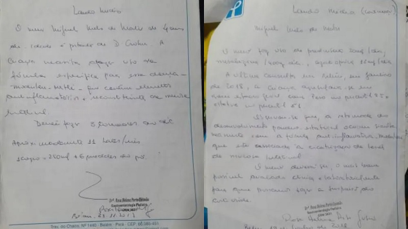 Laudo de melhora no quadro de Miguel com o uso do leite Modulen. — Foto: Bruna Melo / Arquivo pessoal 