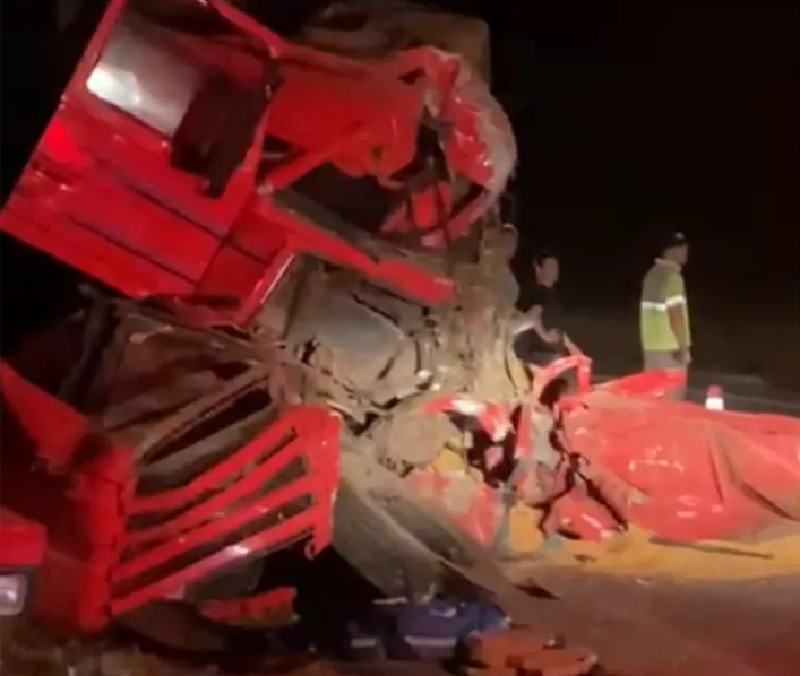  Parte da carreta ficou destruída e derramou grãos na pista — Foto: Reprodução