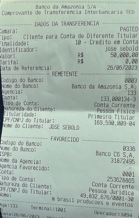 Comprovante bancário mostra valor de R$ 50 mil para conta do favorecido.