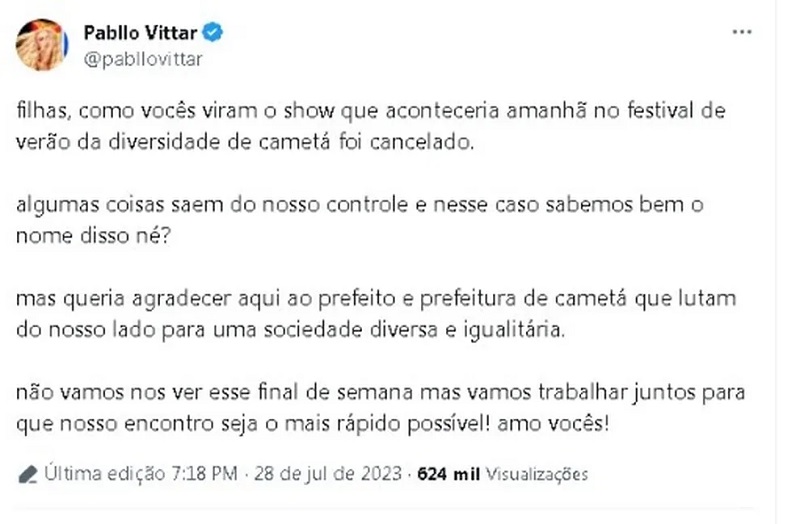 Cantora Pabllo Vittar se pronuncia sobre cancelamento de festival no Pará. — Foto: Reprodução/Redes sociais