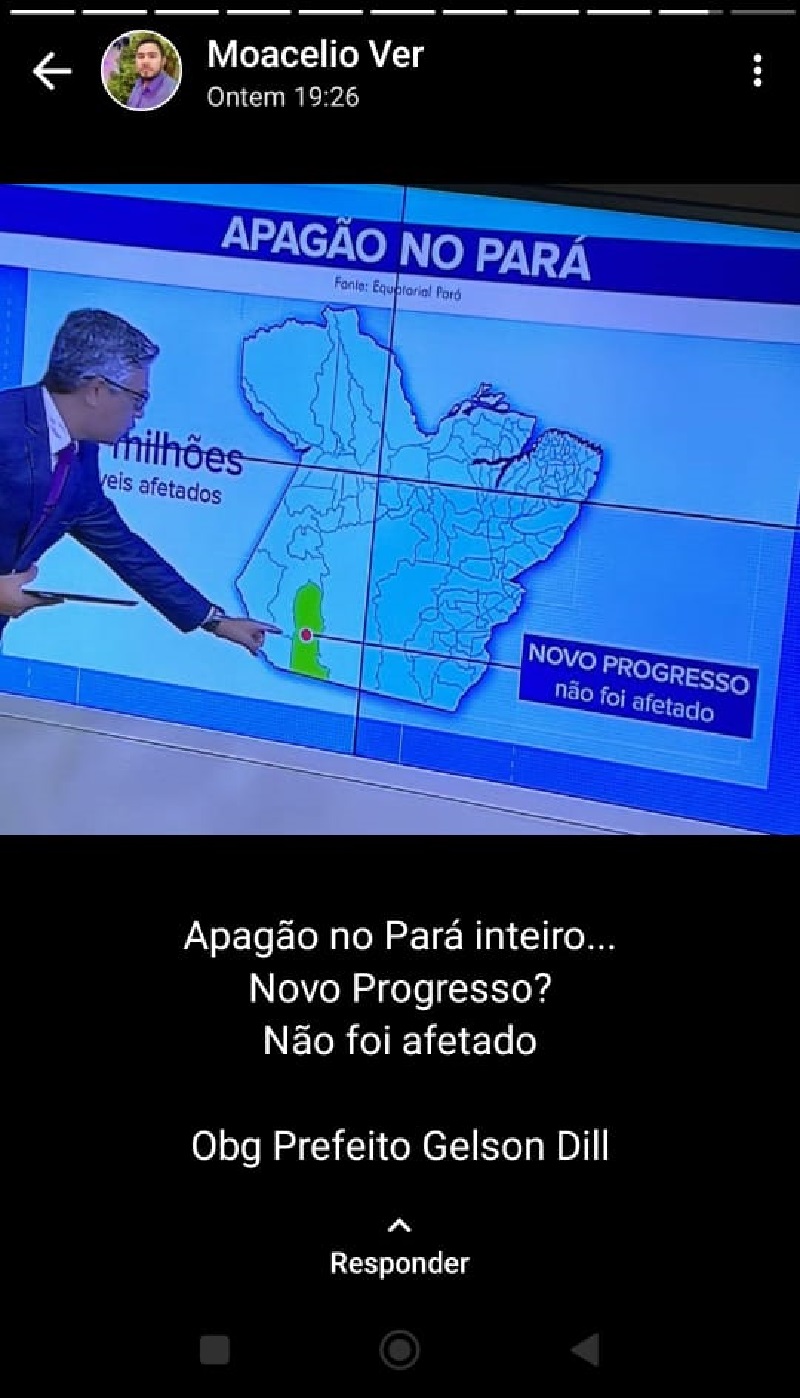Status do  WhatsApp do Vereador Moacelio agradecendo ao prefeito pelo não PAGÃO, em Novo Progresso-PA